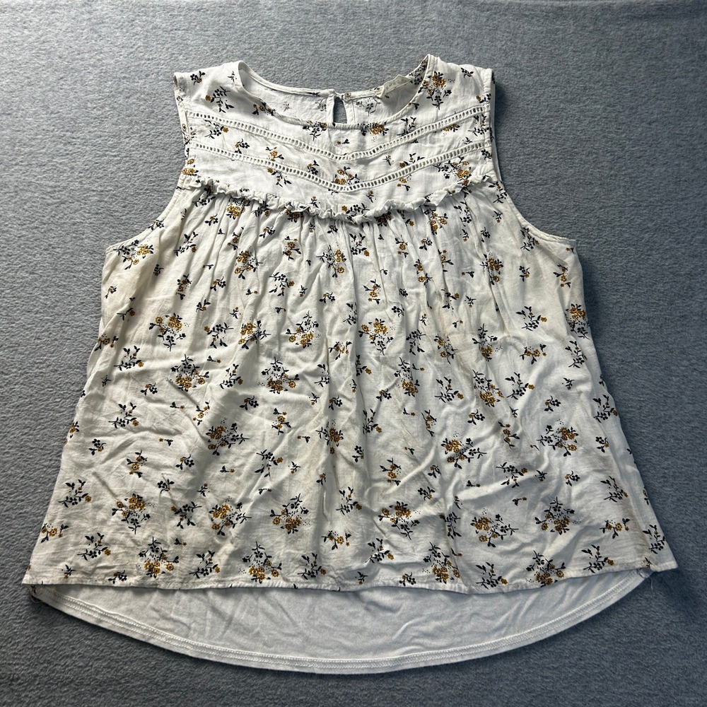 Sleeveless Boho Peasant Top Womens Large Floral White Lightweight Ember